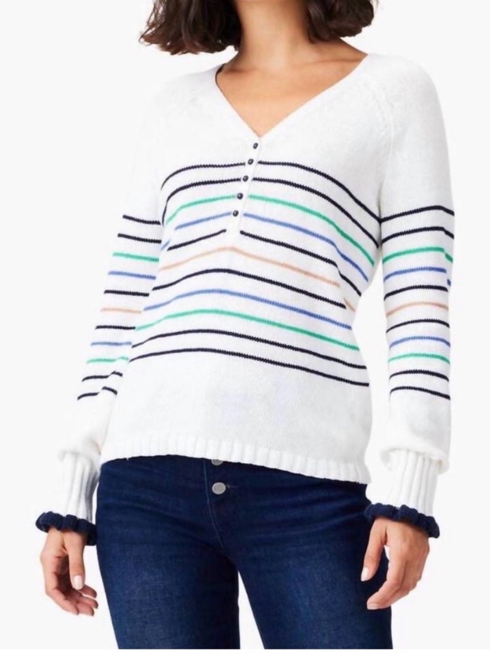 NIC+ZOE Maritime Striped V-Neck Sweater Ruffled Cuffs Size Large